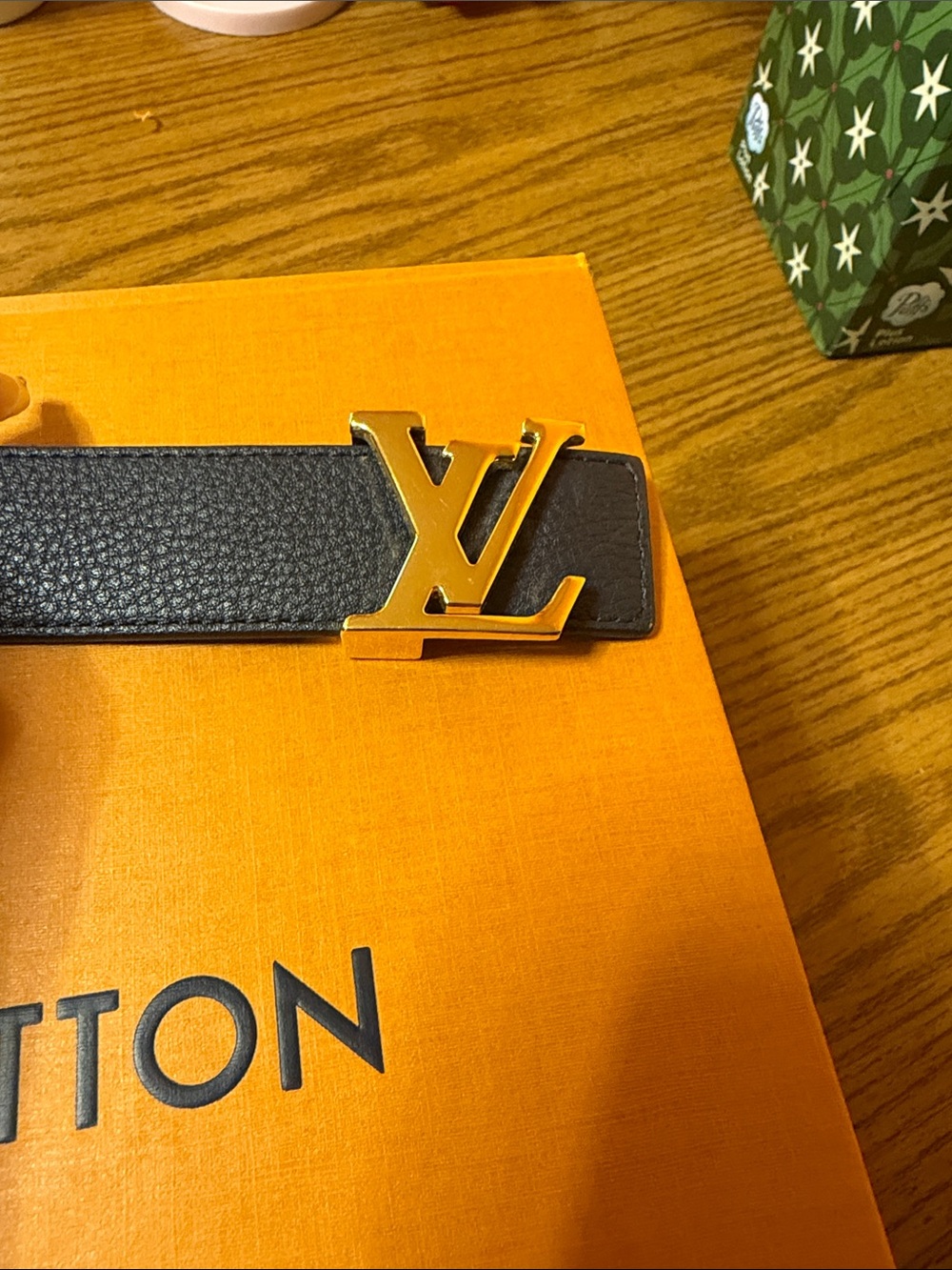 Louis Vuitton Black Leather Belt with Gold LV Initial Buckle